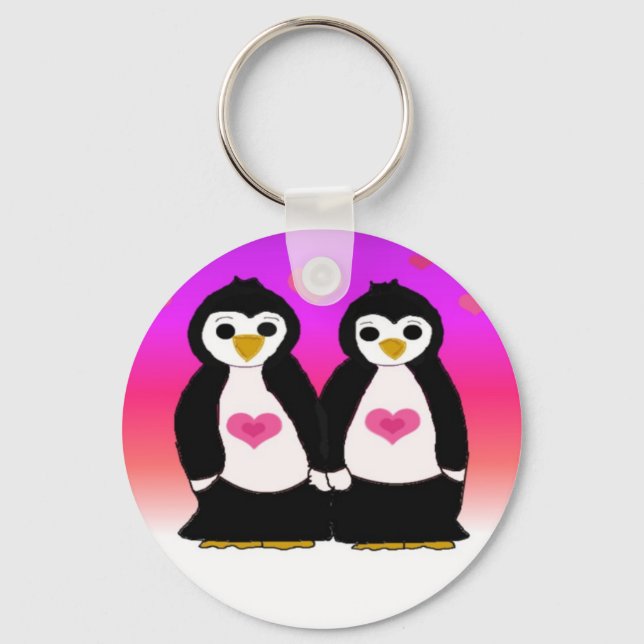 Penguin Couple with Hearts Key Ring (Front)