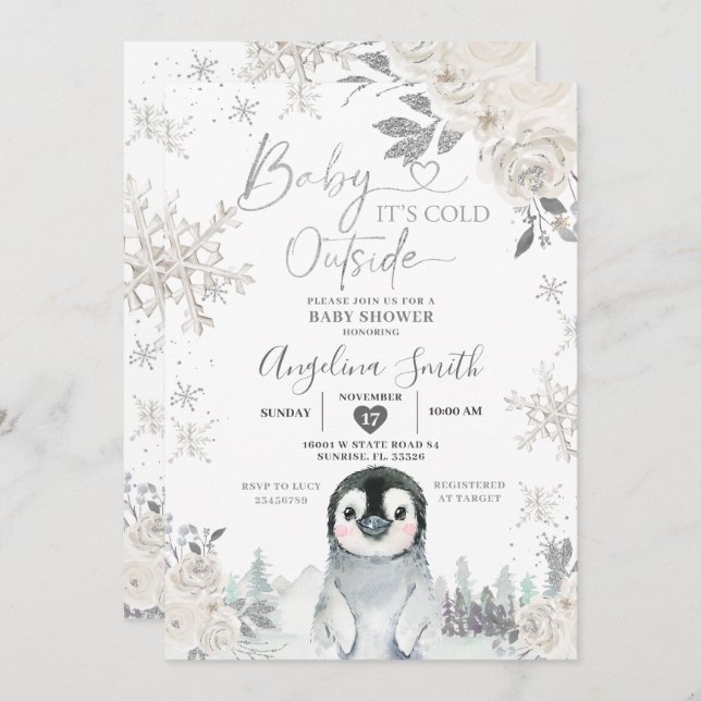 Penguin Creamy White Snowflake Floral Baby Shower Invitation (Front/Back)