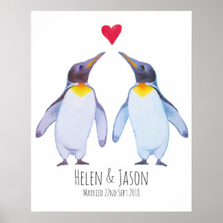 Penguin Custom Names Wedding Couple Wall Art