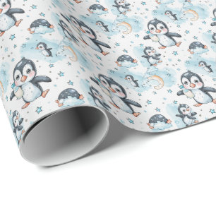 Penguin Cute Baby Pastel Watercolor Pattern Wrapping Paper