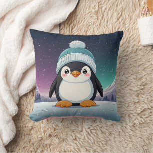 Penguin Cute Kawaii Blue Cap Print  Cushion