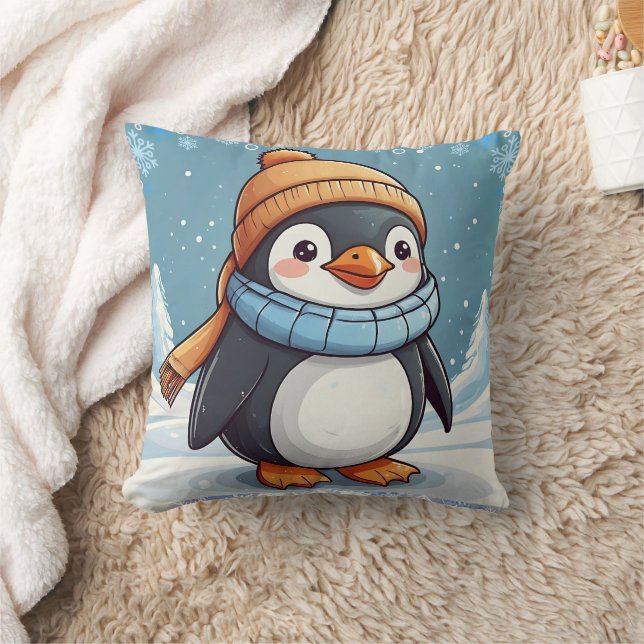 Penguin Cute Kawaii Brown Cap Print  Cushion (Blanket)