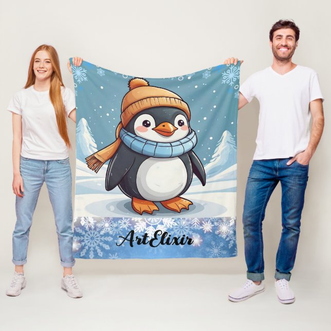 Penguin Cute Kawaii Brown Cap Print  Fleece Blanket (In Situ)