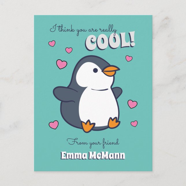 Penguin Cute Kids Valentine Postcard Cartoon (Front)