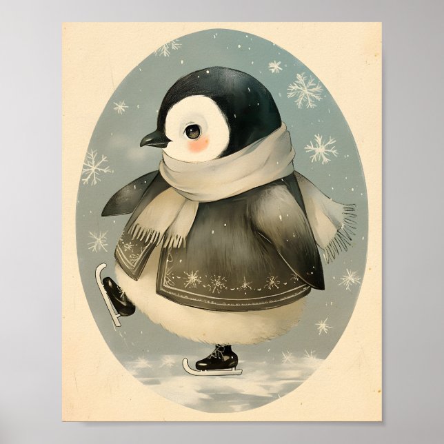Penguin Cute Winter Watercolor Nursery Art Poster (Front)