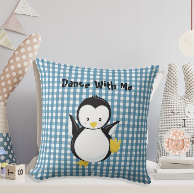 Penguin Dancing Blue Plaid Gingham Personalised Cushion (Creator Uploaded)