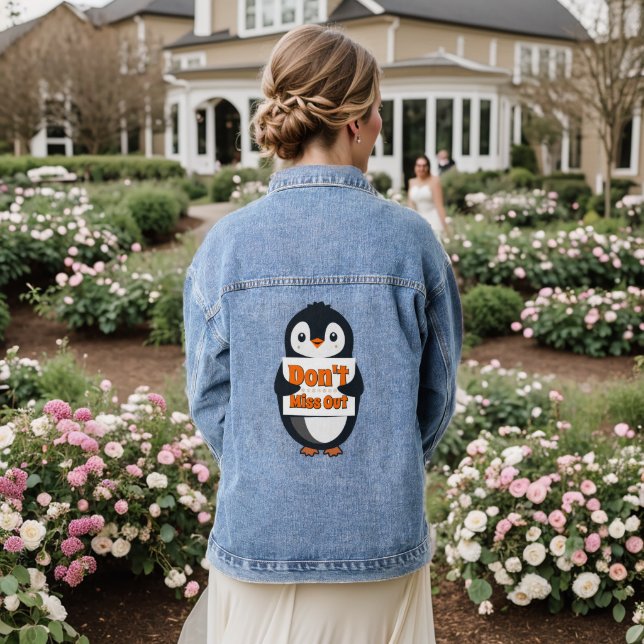 Penguin Don't Miss Out Throw Pillow Denim Jacket (Wedding Back)