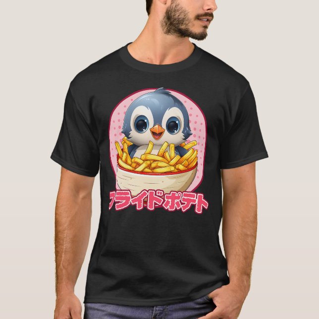 Penguin Eating French Fries Kawaii Penguin Anime T T-Shirt (Front)