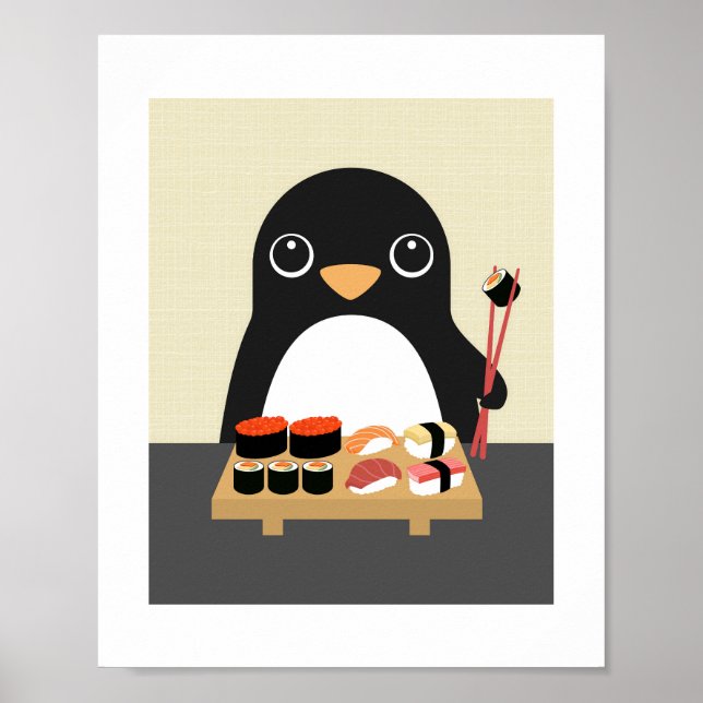 Penguin Eating Sushi Poster Print (Front)