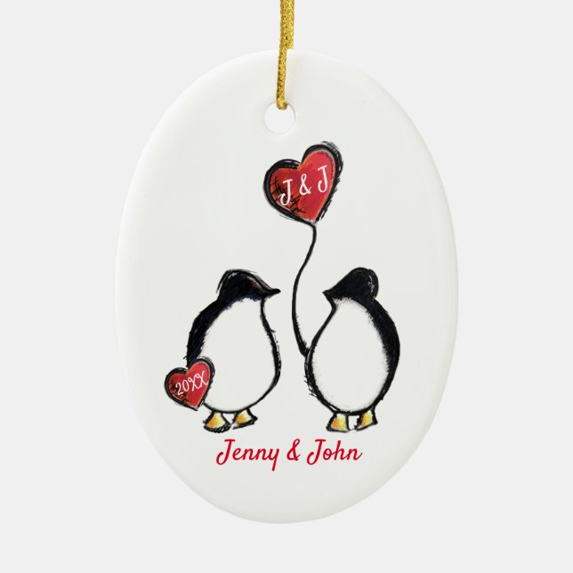 Penguin engagement gift ceramic tree decoration (Front)