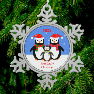 Penguin family baby first Christmas your text Snowflake Pewter Christmas Ornament