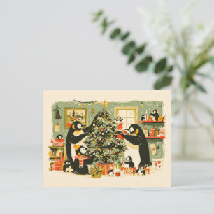 Penguin Family Decorating Christmas Tree Postcard