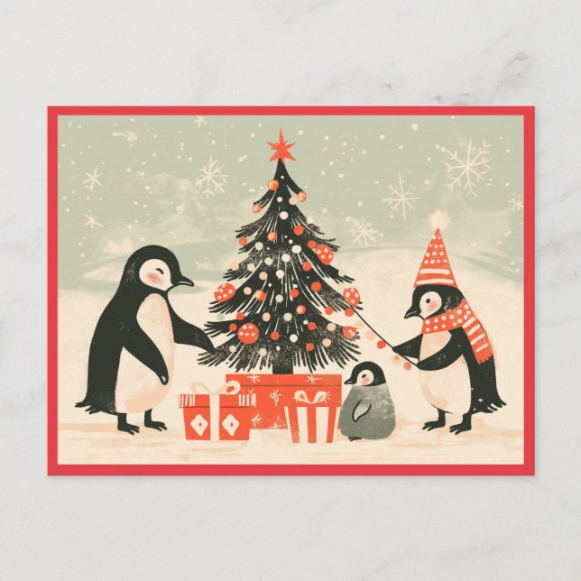 Penguin Family Decorating Christmas Tree Postcard (Front)