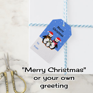 Penguin family editable text blue christmas gift tags