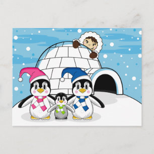 Penguin Family & Eskimo Postcard