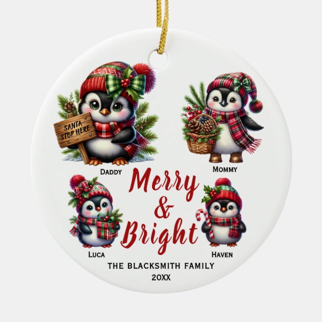 Penguin Family of Four Ceramic Ornament (Front)