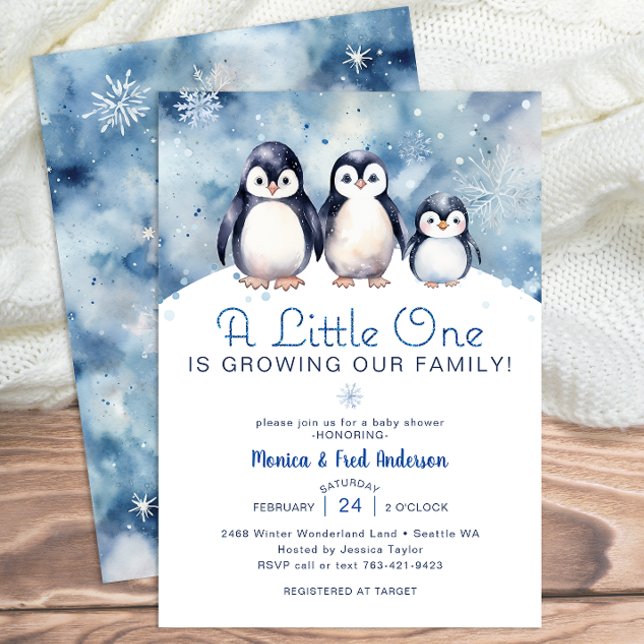 Penguin Family Winter Baby Shower Invite (Penguin Family Baby Shower Invite)