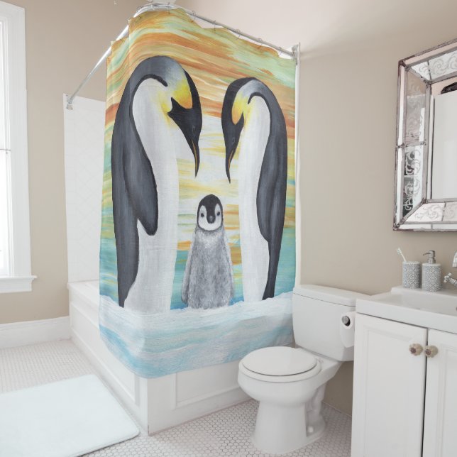 Penguin Family with Baby Penguin Shower Curtain (In Situ)