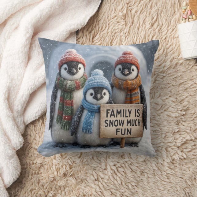 Penguin Family With Fun Sign Cushion (Blanket)