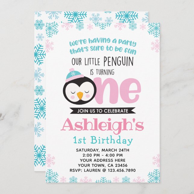 Penguin First Birthday Invitation (Front/Back)