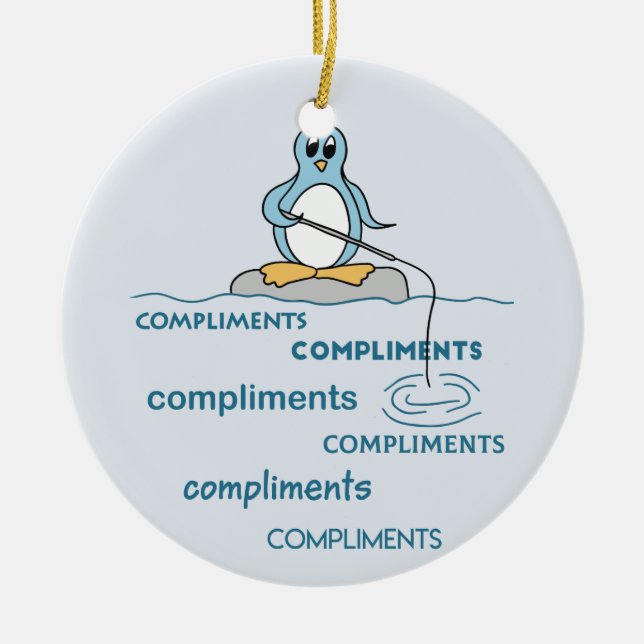 Penguin Fishing for Compliments Metaphor Ceramic Tree Decoration (Front)