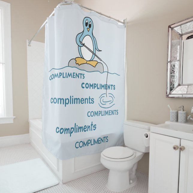 Penguin Fishing for Compliments Metaphor Shower Curtain (In Situ)