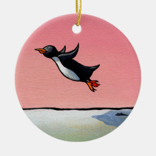 Penguin flying fun whimsical art Eternal Optimist Ceramic Tree Decoration