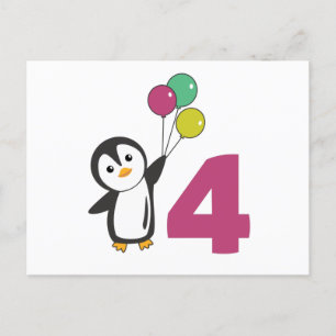 Penguin Fourth Birthday Balloons For Kids Postcard