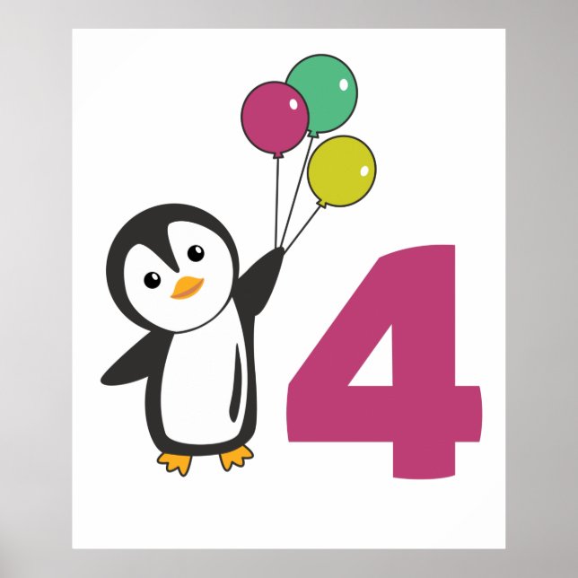 Penguin Fourth Birthday Balloons For Kids Poster (Front)