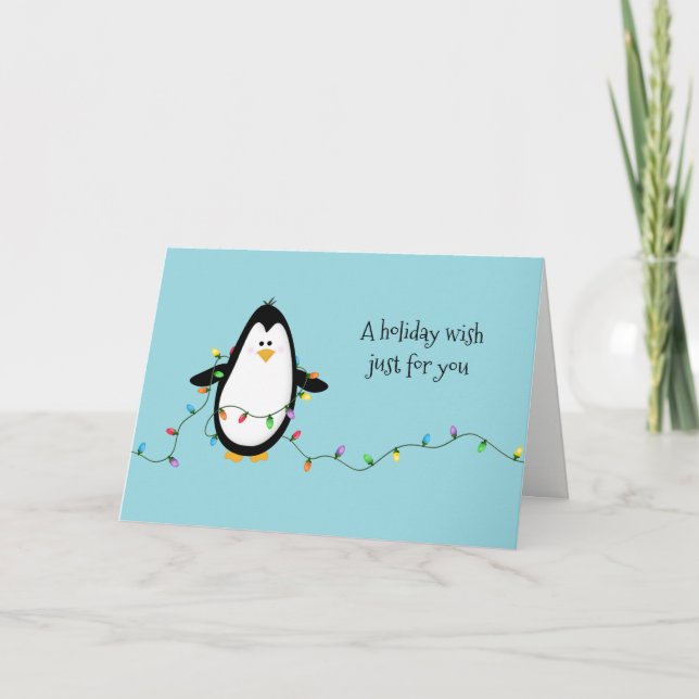 Penguin Fun Holiday Lights Christmas Greeting Card (Front)