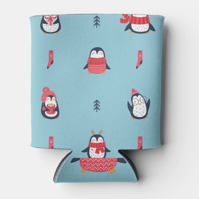 Penguin Fun: Vintage Seamless Whimsy. Can Cooler (Front)