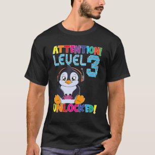 Penguin Gamer Boy Attention Level 3 Unlocked Gamin T-Shirt