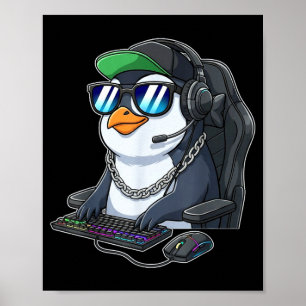 Penguin gamer funny gaming penguins play video gam poster