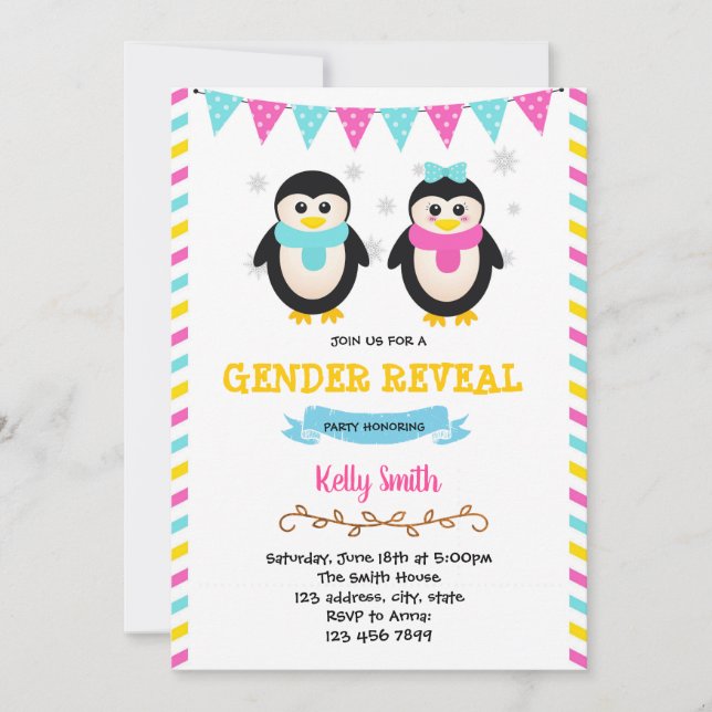Penguin gender reveal party invitation (Front)