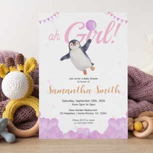 Penguin Girl Pink Baloon Cloud Sky Baby Shower  Invitation