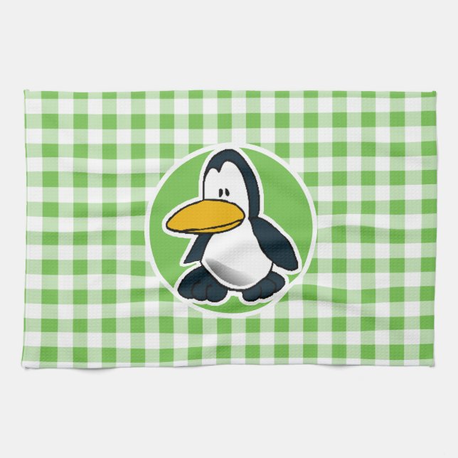 Penguin; Green Gingham Tea Towel (Horizontal)