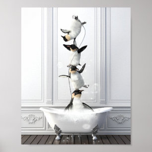 Penguin Gymnasts in the Bath – Cute Funny Bathroom Poster