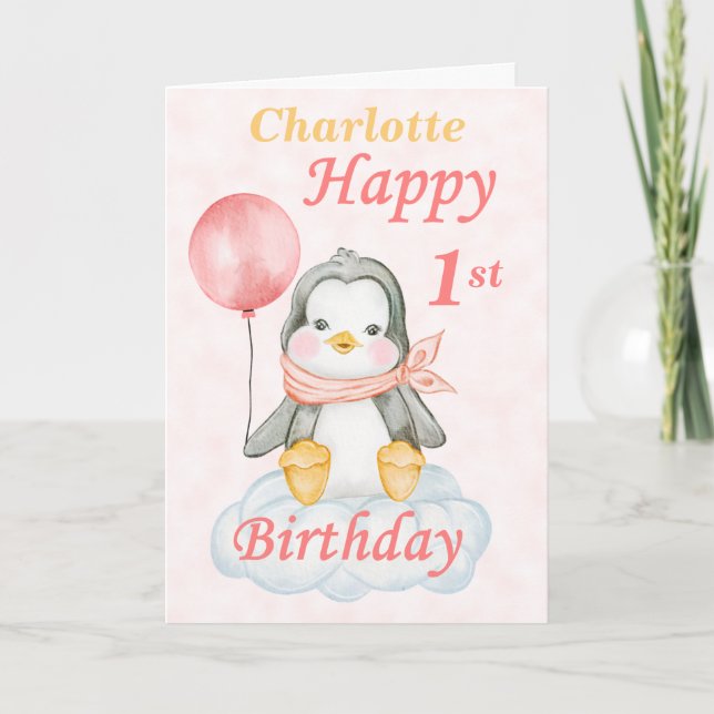 Penguin Happy 1st Birthday Card (Front)
