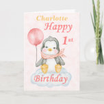 Penguin Happy 1st Birthday Card<br><div class="desc">A cute 1st birthday baby penguin birthday card. The card features a baby girl penguin sitting on a cloud holding a balloon. A sweet design for a little girl who will be one year old. Add the child, s name to the front of the card to customise it for that...</div>