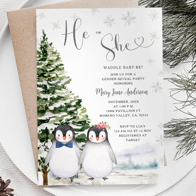 Penguin He or She Evergreen Winter Gender Reveal  Invitation (Creator Uploaded)