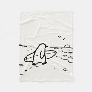 Penguin Heading to the Beach With a Surfboard Fleece Blanket
