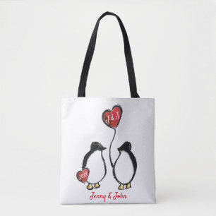 Penguin & hearts wedding/ anniversary tote bag