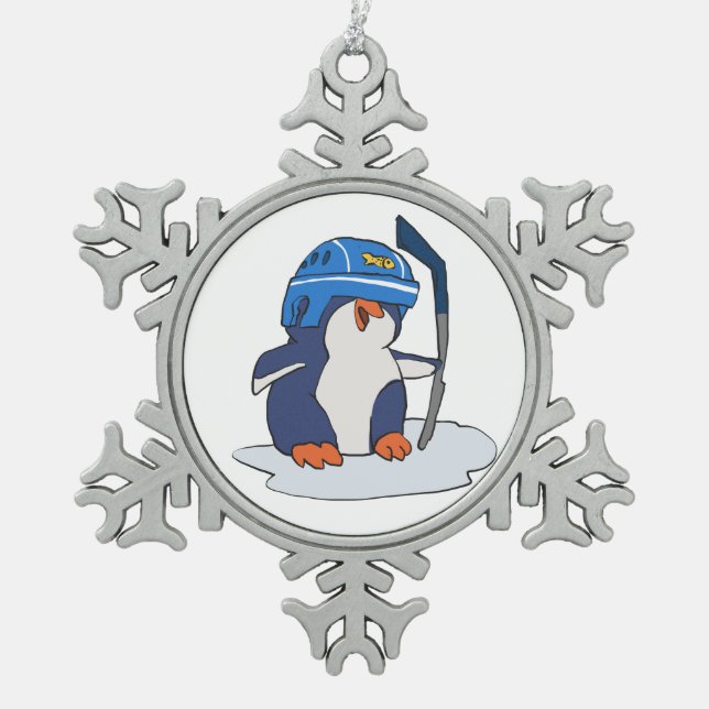 Penguin hockey player | choose background colour snowflake pewter christmas ornament (Front)