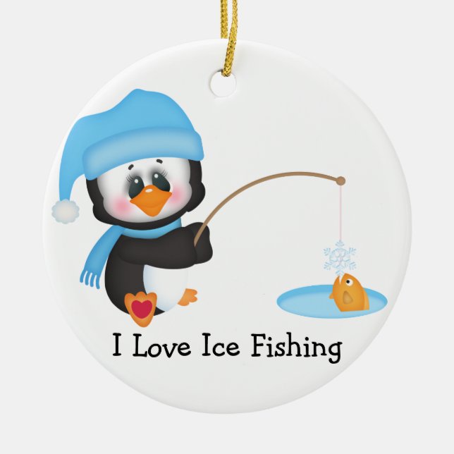 Penguin Ice Fishing Ceramic Tree Decoration (Front)