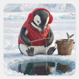 Penguin Ice Fishing on an Arctic Glacier Square Sticker