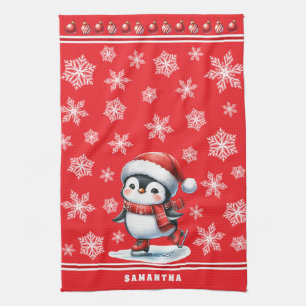 Penguin Ice Skater Festive Red Custom Christmas Tea Towel