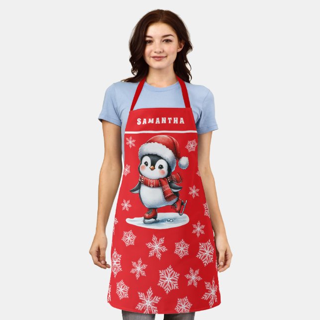 Penguin Ice Skater Monogrammed Red Christmas Apron (Worn)