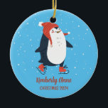 Penguin Ice Skating Christmas Snowy Winter Holiday Ceramic Tree Decoration<br><div class="desc">Cute cartoon animal ornament for kids and children. Perfect for first Christmas celebration with family. You can customise the text for any occasion.</div>