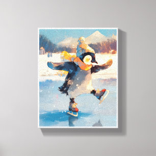Penguin Ice Skating Winter Nursery Wall Art Canvas