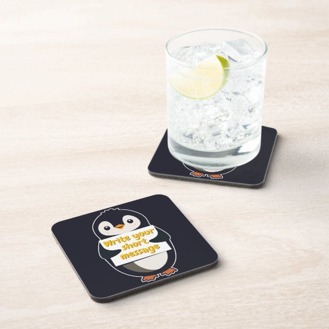 Penguin illustration holding customizable sign coaster (Right Side)